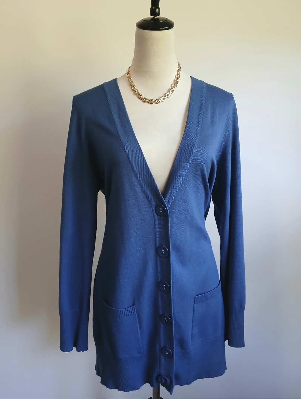 New Directions-Long Cardigan-Blue-Long Sleeve-V-neck-Size XL